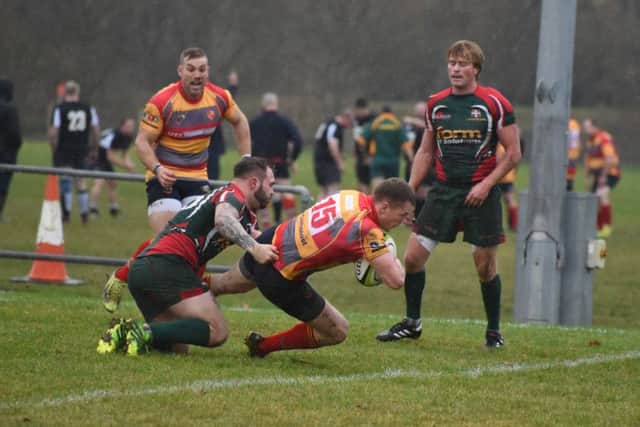 Danius Tomoliunas scores the first try for Borough against Luton. Picture: Kevin Goodace