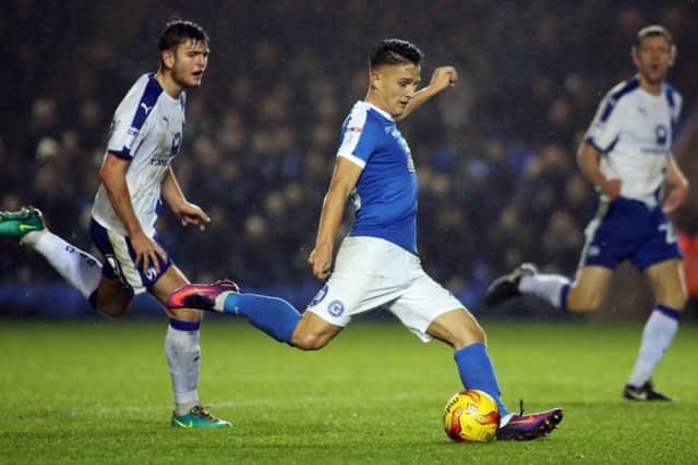 Posh striker Tom Nichols is about to score his second goal against Chesterfield. Photo: Joe Dent/theposh.com.