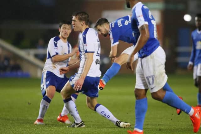 Posh midfielder Gwion Edwards smashes home a first-half equaliser against Chesterfield. Photo: Joe Dent/theposh.com.
