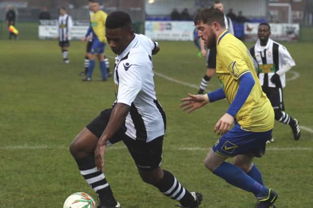 Wilkins Makate on the ball for Peterborough Northern Star in the 1-1 draw with Wellingborough. Photo: Tim Gates.
