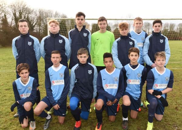 Gunthorpe Harriers Under 16s are pictured before their 2-0 win against Thorpe Wood. They are from the left, back, Lucas Rall, Tyler Nightingale, Liam Roberts, Matthew Wilshire, James Ware, Sam Bloodworth, Finlay Richmond, front, Oliver Baig, Brooklin Gray, Bradley Nicholls, Tyrese Brown, Alesio Hoxha and Tyler Munns.