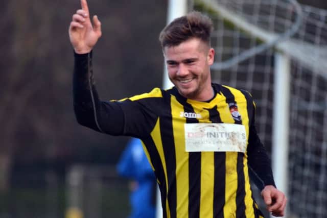 Josh Ford celebrates the opening Holbeach goal against Leicester Nirvana. Photo: Tim Wilson.
