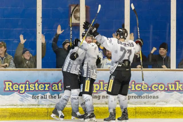 Ales Padelek celebrates scoring the eventual game winner against Telford. Picture: Tom Scott