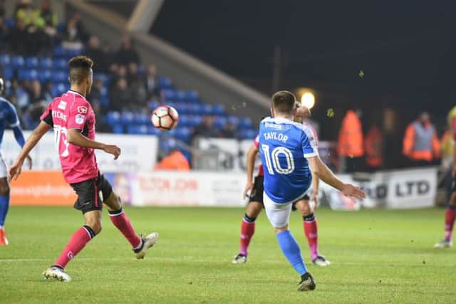 Paul Taylor scores the second Posh goal against Notts County. Photo: David Lowndes.