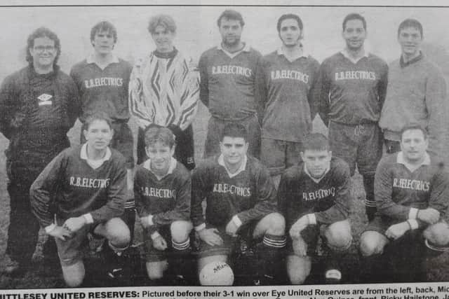 Pictured 20 years ago is the Whittlesey United Reserves side who played in Division Two of the Peterborough League. The shot was taken before a 3-1 win over Eye United Reserves - their first victory of the season. Their goals were scored by James Baker, Jamie Lazenby and Graham Robertson. From the left are, back, Mick Collins, Graham Robertson, Jody Vincent, Roy Bedford, Jamie Lazenby, Peter Bonney, Alan Quince, front, Ricky Hailstone, James Baker, Scott Ding, Paul Minett and Dennis Ilsley.