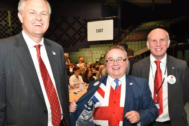 Referendum Count at Kingsgate Centre for Peterborough. Stewart Jackson, Wayne Fitzgerald and John Peach - from the Leave campaign EMN-160623-231356009