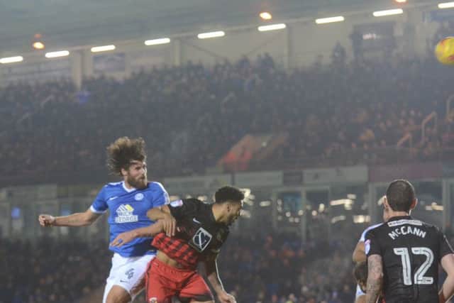 Posh saviour Michael Bostwick sent this late header from a corner wide against Coventry. Photo: Michael Bostwick.