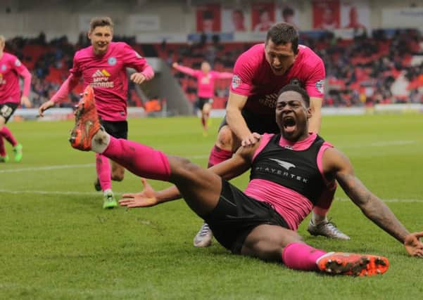 Ricardo Santos was pretty happy with his late winning goal at Doncaster. Photo: Joe Dent/theposh.com.