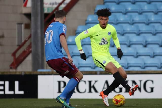Posh substitute Lee Angol in action at Scunthorpe. Photo: Joe Dent/theposh.com.