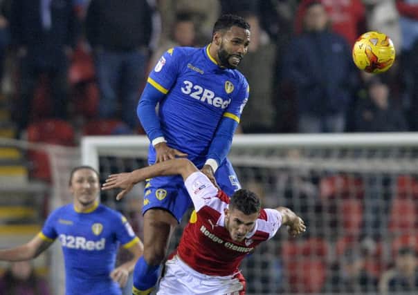 New Posh signing Dominic Ball (red) in action for Rotherham against Leeds United.