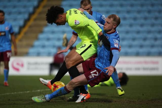 Lee Angol in action for Posh at Scunthorpe. Photo: Joe Dent/theposh.com.