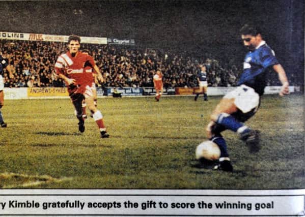 Garry Kimble scores the winner for Posh against Liverpool in December 1991.