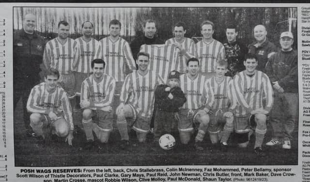 Pictured 20 years ago are  Posh WAGS Reserves who played in Division Two of  the Sunday Combination League. The shot was taken before a 6-3 loss to  Finance & Cash. Mark Baker scored all three WAGS goals. From the left are, back, Chris Stallebrass, Colin McInenney, Faz Mohammed, Peter Bellamy, sponsor Scott Wilson of Thistle Decorators, Paul Clarke, Gary Mays, Paul Reid, John Newman, Chris Butler, front, Mark Baker, Dave Crowson, Martin Crosse, mascot Robbie Wilson, Clive Molloy, Paul McDonald and Shaun Taylor.