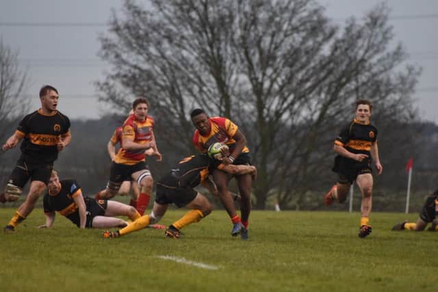 Tabaka Kanhukamwe on his way to scoring a try for Borough against Oakham. Picture: Kevin Goodacre