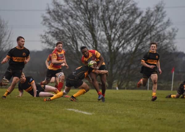 Tabaka Kanhukamwe on his way to scoring a try for Borough against Oakham. Picture: Kevin Goodacre