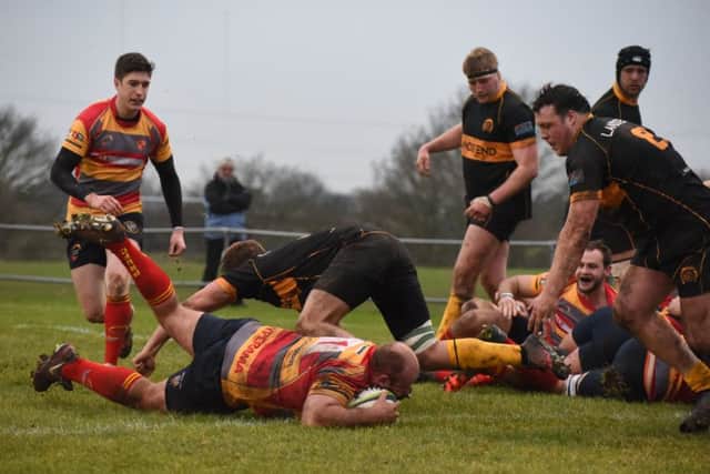 Prop Nico Steenkamp dives over the line for a Borough try against Oakham. Picture: Kevin Goodacre.