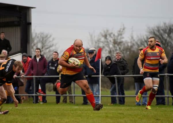 Nico Steenkamp charges in for a try for Borough against Oakham. Picture: Kevin Goodacre
