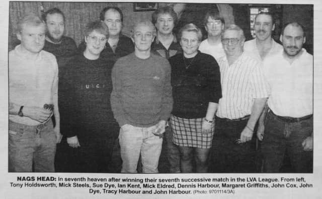 Pictured 20 years ago is the high-flying darts team from the Nags Head pub in Whalley Street. They were top of LVA League Division A and are pictured before a 6-1 win over Hand & Heart. That made it seven wins from seven matches and gave them a two-point advantage at the top over Three Horseshoes (Werrington). From the left are Tony Holdsworth, Mick Steels, Sue Dye, Ian Kent, Mick Eldred, Dennis Harbour, Margaret Griffiths, John Cox, John Dye, Tracy Harbour and John Harbour.