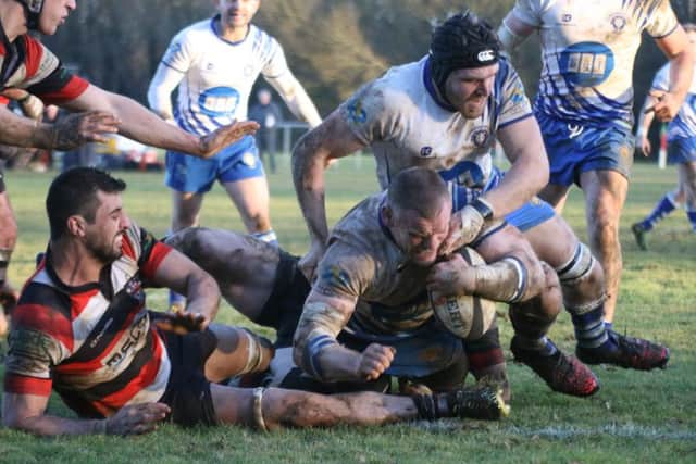 Darren Fox scores a try for the Lions against Nuneaton. Picture: Mick Sutterby