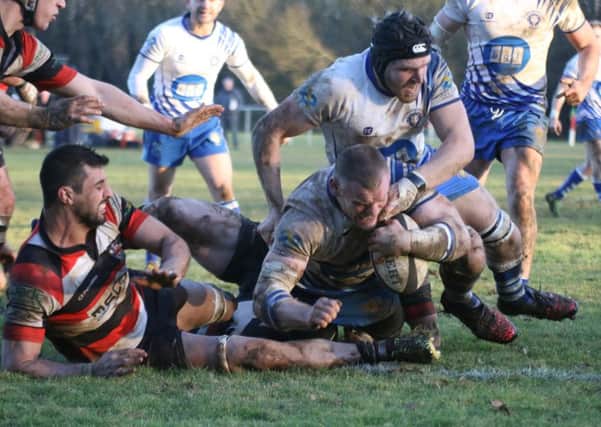 Darren Fox scores a try for the Lions against Nuneaton. Picture: Mick Sutterby