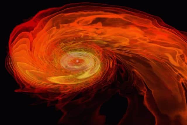 A still from a video released by NASA which shows two neutron stars destroying each other  a super computer simulation