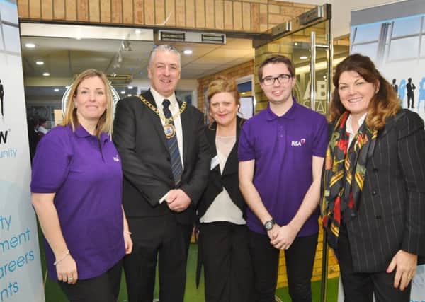 Jobs Show at the Posh Ground, London Road , Melanie Poole and Jordan Cater from RSA with show organisers  Caroline Connaughton  and Victoria Clarke and mayor David Sanders EMN-171201-171903009