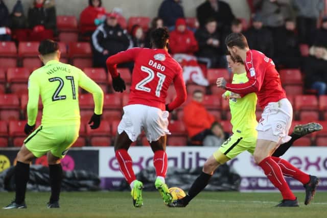 Chris Forrester scores the only goal for Posh at Swindon. Photo: Joe Dent/theposh.com.