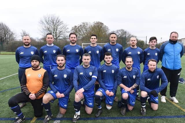 Feeder Fc before their 3-1 defeat at Premiair. (back row,left to right): Terry Rhodes, Darrin Clarke, James Smith, Matthew Wilkin, Dean Clarke, James Lyon, Cameron Manton, Simon Paterson.  (front) Paul Ambler, Connor Clarke, Ronnie Glackin, Max Pierro, Asan Khalid, Paul Walker