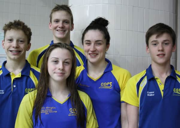 Pictured are the COPS gold medallists in Derby. From the left they are  Herbie Kinder, Amelia Monaghan, Myles Robinson-Young, Becky Burton and Connor Walker.