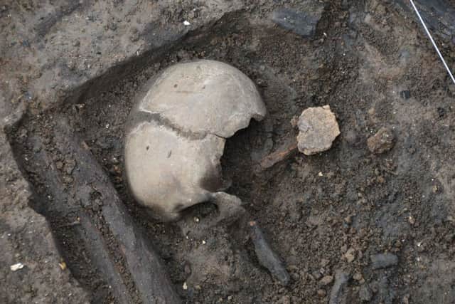 Bronze Age wheel found at Must Farm archaeological dig at Kings Dyke. Pictured is human skull EMN-160218-133024009