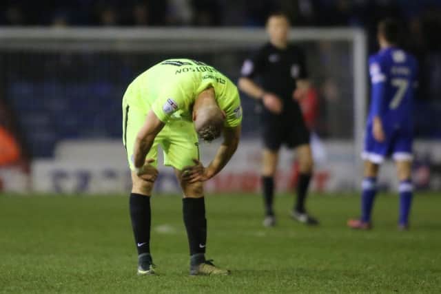 Marcus Maddison sums up Posh feelings after the final whistle at Oldham. Photo: Joe Dent/theposh.com.