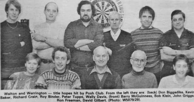 Pictured 30 years ago is the Walton and Werrington darts team who played in Division Two of the Peterborough Clubs League. They were doing well but this picture was taken before they suffered a shock 5-4 defeat at home to the struggling Posh Club team. From the left are, back, Don Biggadike, Kevin Baker, Richard Crane, Roy Binder, Peter Tupps, Wally Davis, front, Barry McGuinness, Bob Klein, John Griggs, Ron Freeman and David Gilbert.
