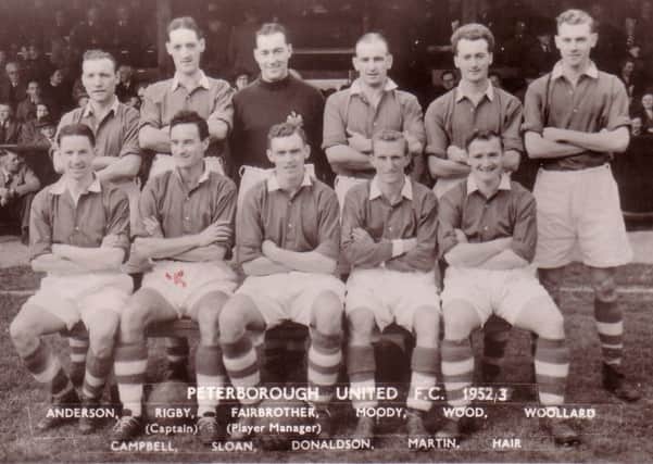 The 1952-53 Peterborough United team featuring former Manchester United player Johnny Anderson (back left).