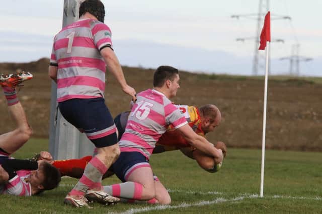 Nico Steenkamp powers over the try-line for Borough. Picture: Mick Sutterby