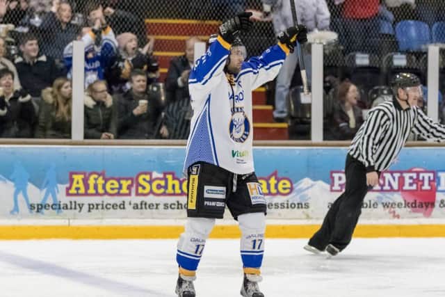 Phantoms' captain and man-of-the-match James Ferrara celebrates assisting on Phantoms second goal against Basingstoke. Photo: Tom Scott - AMOimages.com