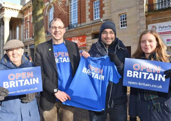 Steve Wilson, Joseph Wells, Matthew Mahabadi and Virginia Colquholin with their Open Britain stand in Bridge Street EMN-170129-091030009