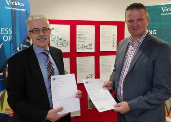 Paul Rowland, regional manager for Viridor, with Cllr Gavin Elsey, Peterborough City Council's cabinet member for waste, launching the new fund.