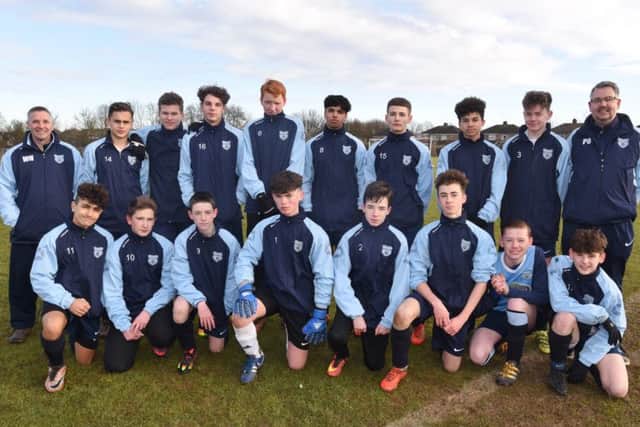 Gunthorpe Harriers Sky Under 15s are pictured before their 3-1 win over Stanground Sports. From the left are, back, Wayne Humphreys, Jake Crowson, Deon Huskisson, Kyle Clarke, Harris Paterson, Nikhil Modvadia, Jude McClymont, Jamall Curtis-South, Aaron Osker, Paul Osker, front, Mourad Chahid, Jordan Bull, Marc Humphreys, Jude Meloni, Rhys Stephens, Aston Whybrow, James Barber and Piero Freestone.