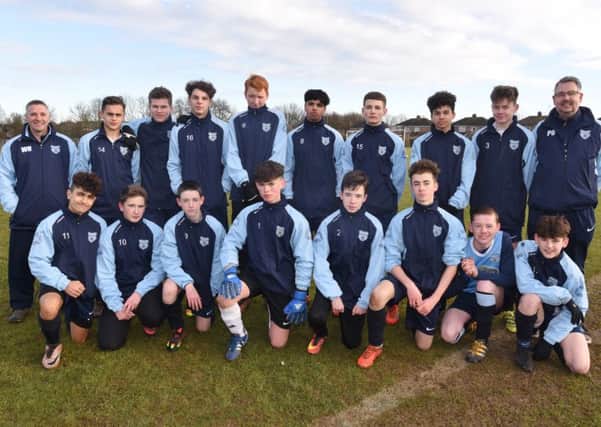 Gunthorpe Harriers Sky Under 15s are pictured before their 3-1 win over Stanground Sports. From the left are, back, Wayne Humphreys, Jake Crowson, Deon Huskisson, Kyle Clarke, Harris Paterson, Nikhil Modvadia, Jude McClymont, Jamall Curtis-South, Aaron Osker, Paul Osker, front, Mourad Chahid, Jordan Bull, Marc Humphreys, Jude Meloni, Rhys Stephens, Aston Whybrow, James Barber and Piero Freestone.