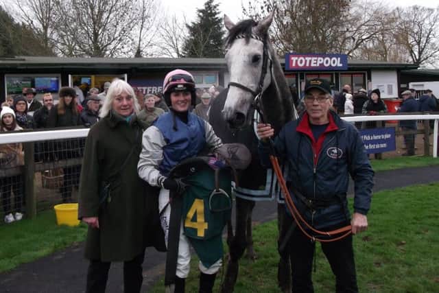 Pam Sly with Actinpieces, jockey Gina Andrews and stablelad Brian Drabner.