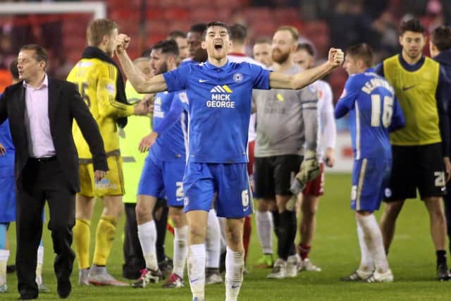 Jack Baldwin, seen here celebrating a victory at Sheffield United, could be back in the Posh squad tomorrow.