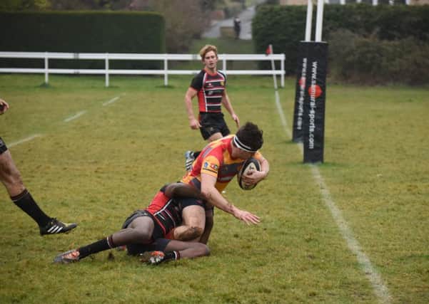 Ben Higton scores Borough's first try against Oundle. Picture: Kevin Goodacre