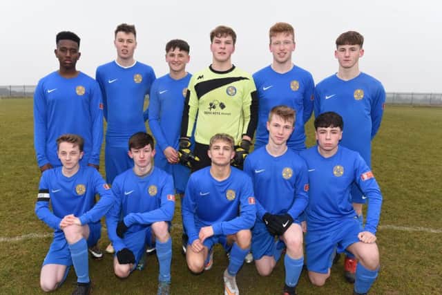 Pictured is the Peterborough Sports Under 18 team  before their 3-0 win over Whittlesey Black. They are Alex Janson, Dominic Ford, Fred Dye, Joe Carter, Jack Keenan, Roman Paterson, Elvis Munyri, Dylan Kilford, Calum Cooke, Ben Garner and Jordan Hammond.