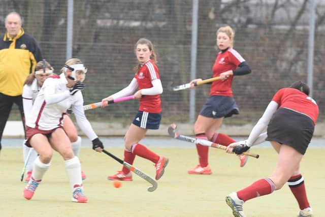 City of Peterborough Ladies take a shot at goal during their win over Milton Keynes. Photo: David Lowndes.