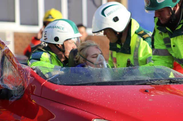 The staged crash reconstruction at Peterborough Regional College today