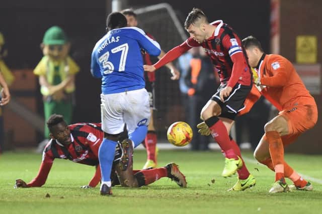 Posh striker Junior Morias in action against Shrewsbury. Photo: David Lowndes.