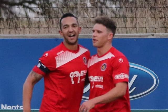 Stamford goalscorer Grant Ryan (right).