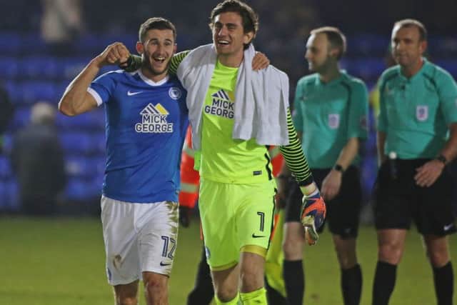 Dominic Ball and goalkeeper Luke McGee after Posh beat Shrewsbury 2-1. Photo: Joe Dent/theposh.com.