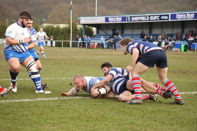 Darren Fox scores the first Lions try against Sheffield. Picture: Mick Sutterby