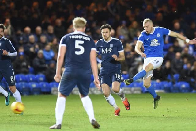Posh forward Marcus Maddison shoots during the 4-1 home defeat by Southend. Photo: Joe Dent/theposh.com.